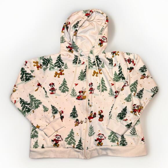 Disney Hoodie Large White Mickey Minnie Goofy Pluto Christmas Zip Up Womens - Picture 1 of 6